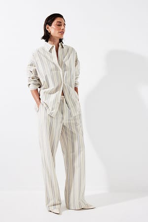 Beige Blue Stripe Cotton Striped Elastic Waist Pants