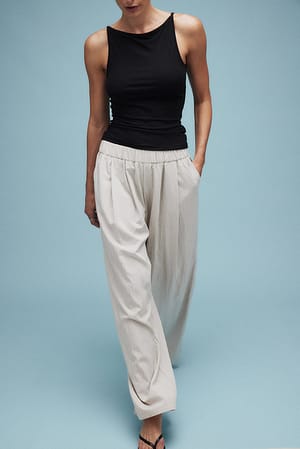 Sand Crinkled Elastic Waist Wide Leg Trousers