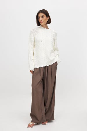 Brown Crinkled Elastic Waist Wide Leg Trousers