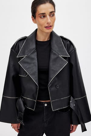 Black Gewaschene Cropped PU-Bikerjacke