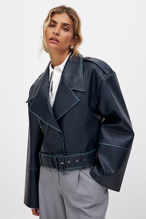 Blue Cropped Washed Out Pu Biker Jacket