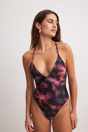 Red Flower Print Deep Plunge Swimsuit