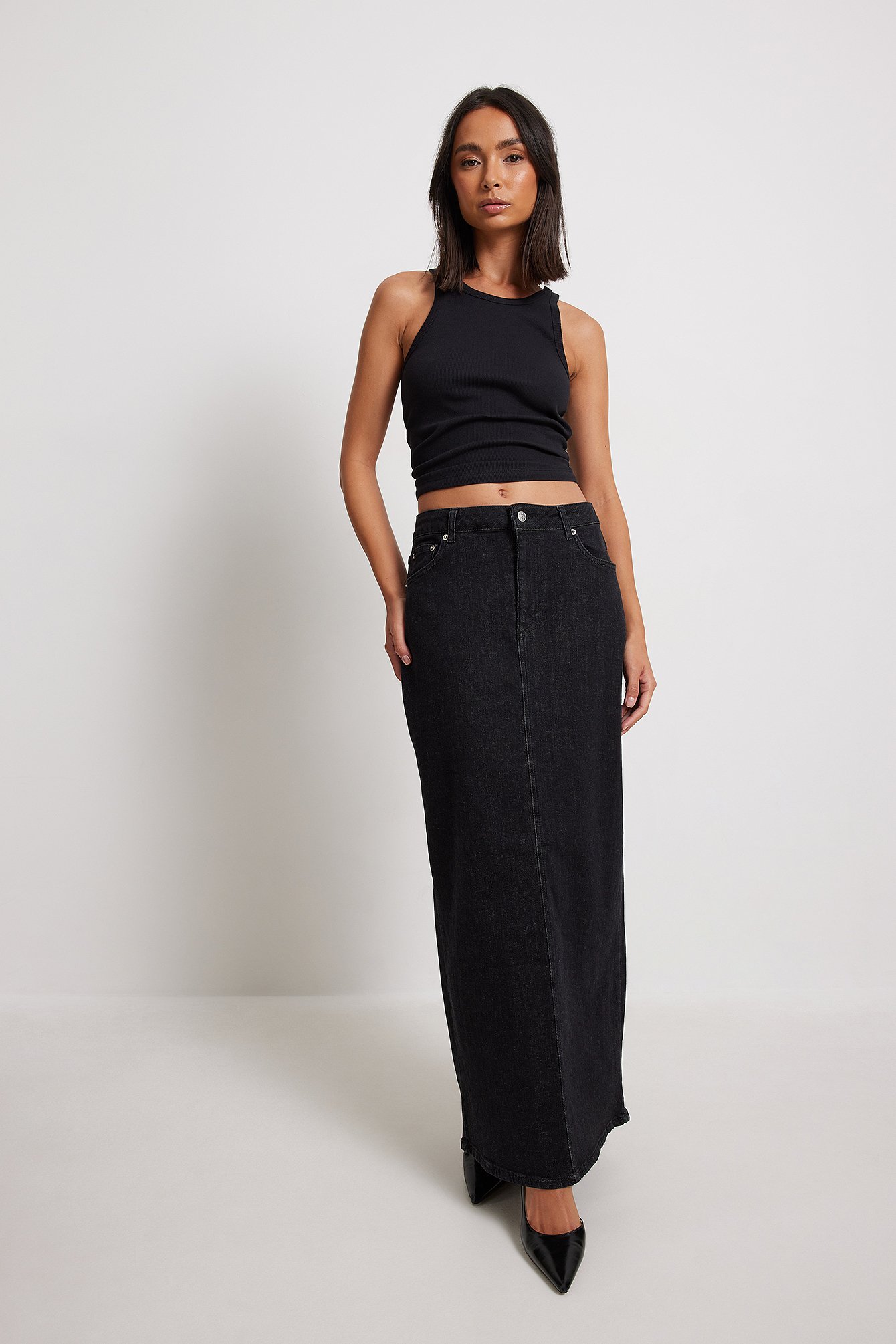 Black colour blue shop denim maxi skirt 9889