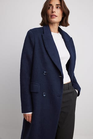 Double Breasted Wool Blend Coat Blue