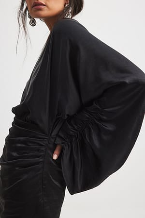 Black Draped Detail Satin Dress