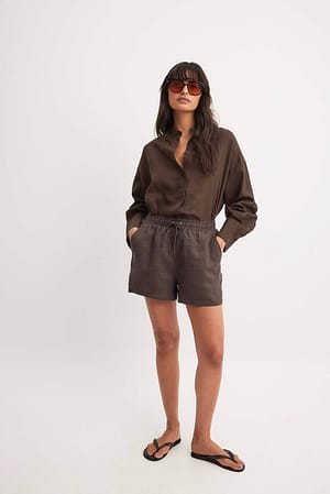 Brown Elastic Linen Shorts