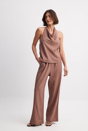 Dusty Pink Pantalon en lin mélangé à taille mi-haute élastique