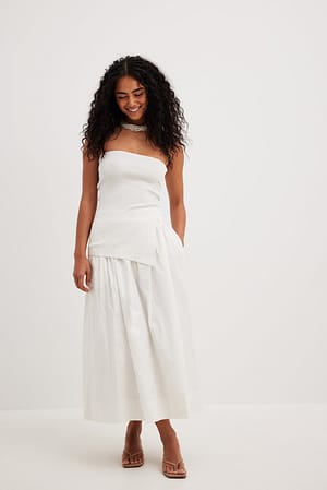 White Elastic Waist Cotton Midi Skirt