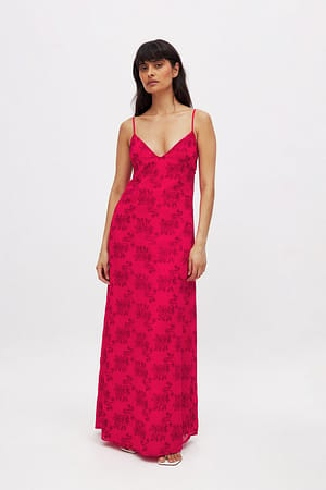 Red Embroidered Chiffon Slip Dress