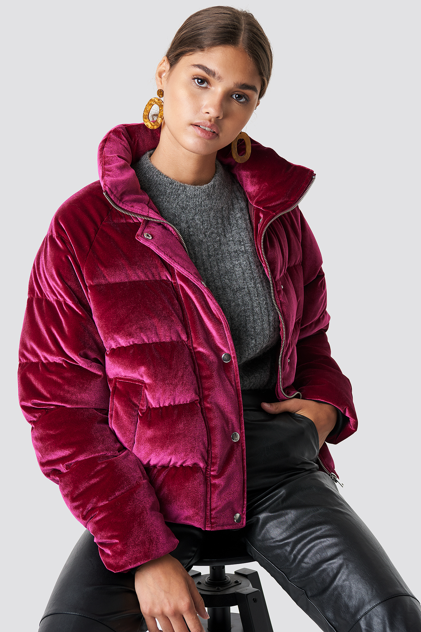 Burgundy velvet puffer outlet jacket