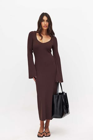 Dark Brown Fine Knitted Trumpet Sleeve Midi Dress