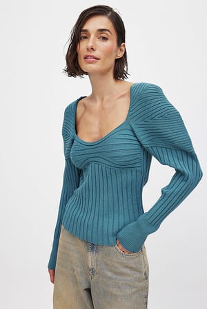 Blue Fine Knitted Volume Sleeve Top