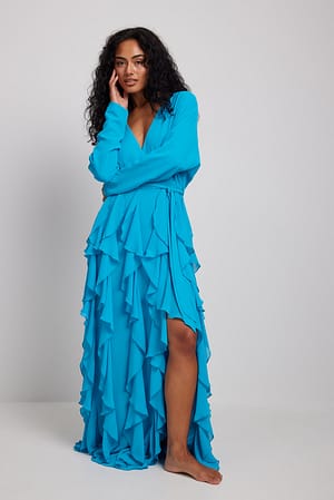Deep V-neck Long | Sleeve Maxi Blue NA-KD Dress
