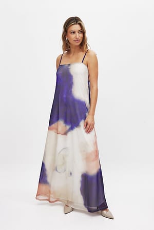 Champagne/Midnight blue Flowy Mesh Maxi Dress