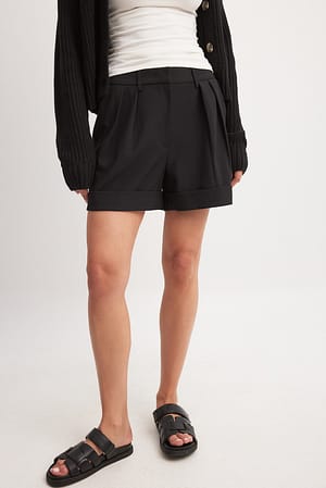 Black Fold Up Wide Leg High Waist Shorts