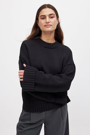 Black Folded Sleeve Knitted Sweater