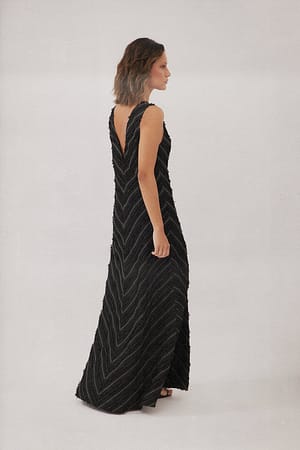 Black Fringed Sleeveless Maxi Dress