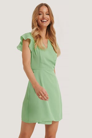 Green Wrap Ruffle Sleeve Mini Dress