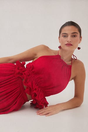 Red Halterneck Cropped Ruffle Top