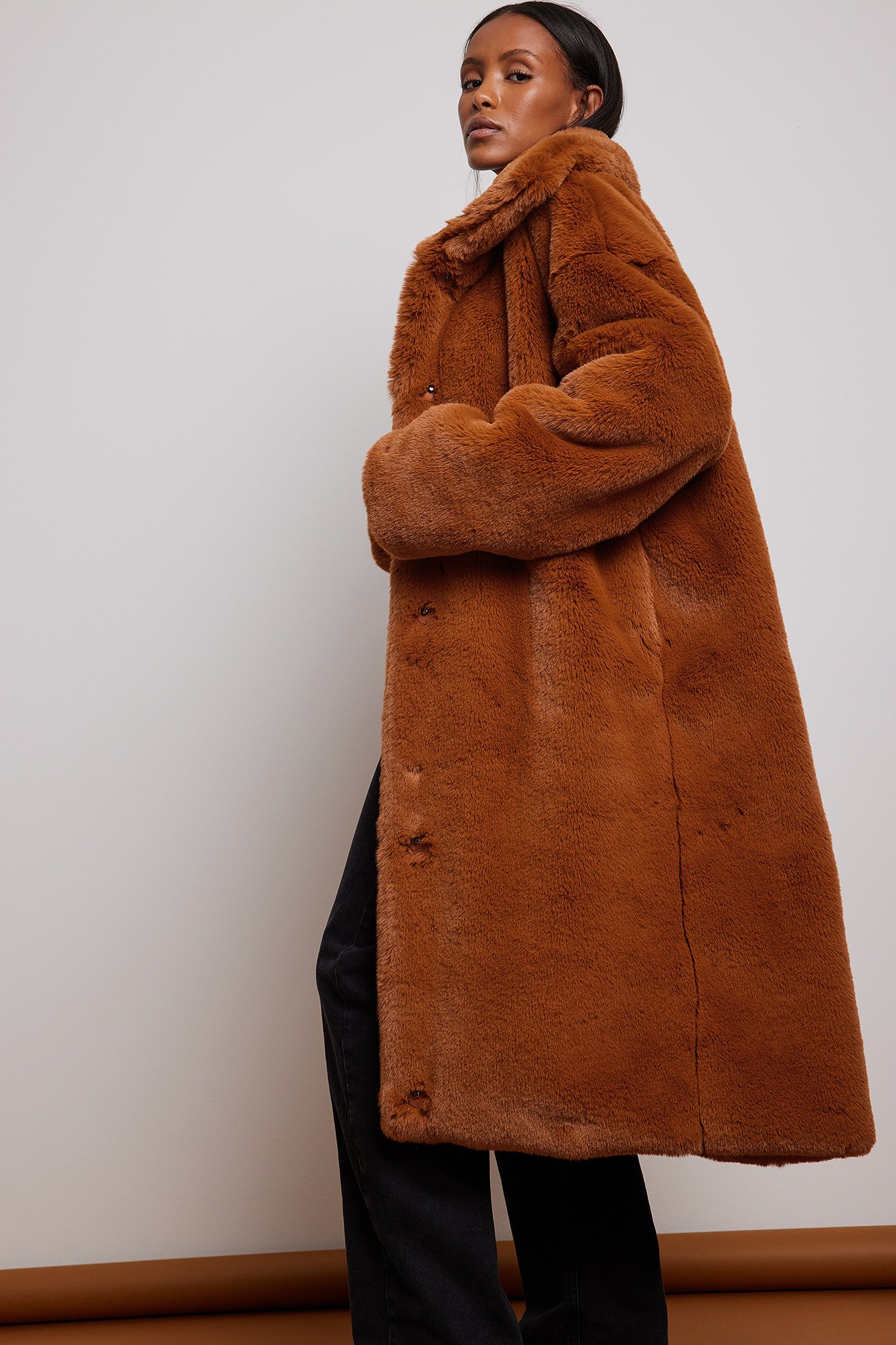 High Neck Faux Fur Coat Orange | NA-KD
