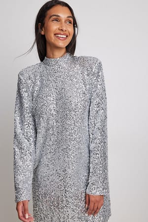 High Neck Short Sleeve Women Mini Dress Shining Sequins Silver
