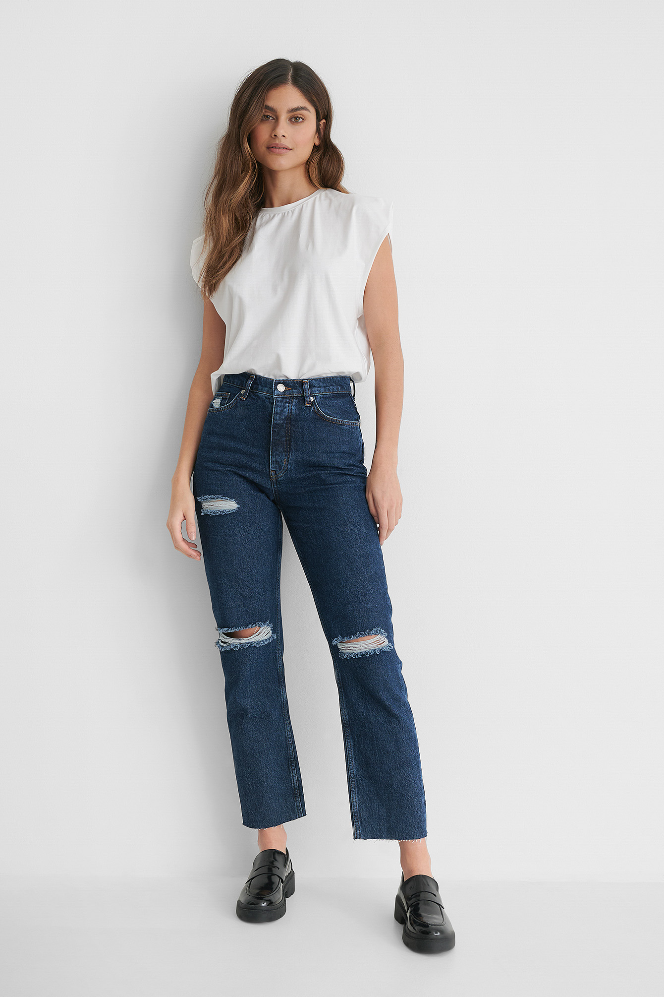 High Waist Ripped Knee Straight Jeans Blue | NA-KD