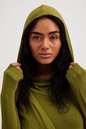 Olive Green Hoodie Detail Long Sleeve Top
