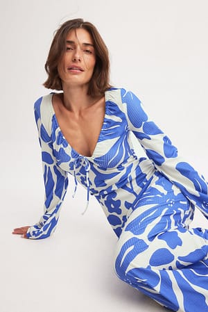 Blue Print Jersey Balloon Sleeve Midi Dress