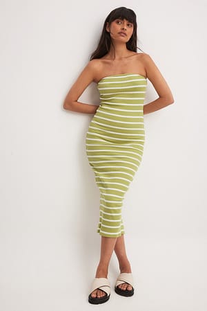 White/Green Stripe Jersey Rib Tube Maxi Dress