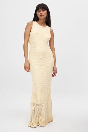 Beige Vestido maxi em malha de croché