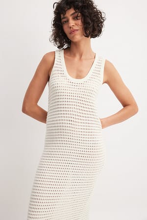 Offwhite Knitted Crochet Midi Dress