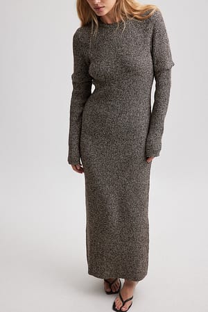 Brown Melange Stickad klänning med avtagbara ärmar