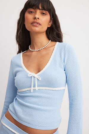 Light Blue Gebreide top met lange mouwen en strikdetail