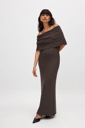 Brown Knitted Off Shoulder Maxi Dress