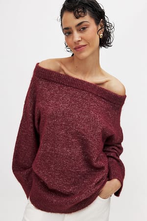 Wine Red Knitted Off Shoulder Sweater