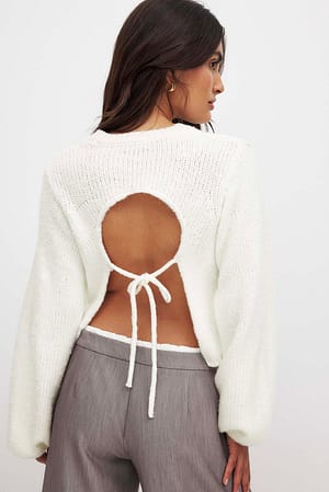 Offwhite Knitted Open Back Balloon Sleeve Sweater
