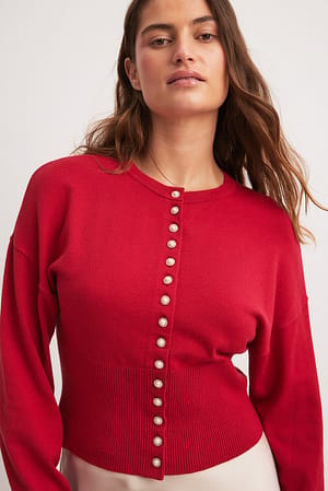 Red Cardigan en maille à manches bouffantes