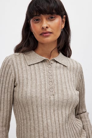 Beige Knitted Ribbed Sweater