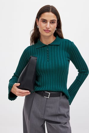 Teal Strikket ribbet sweater