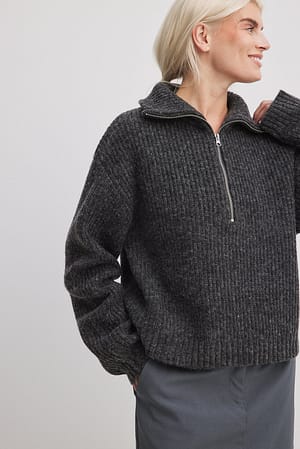 Dark Grey Melange Strikket sweater med lynlås