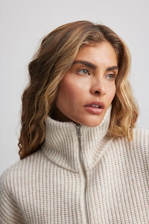 Light Beige Knitted Zip Sweater