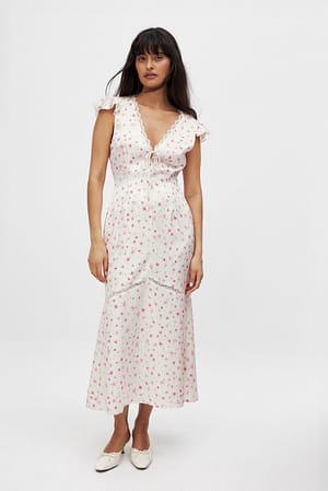 Flower Print Midi-jurk met ruches en kanten inzet