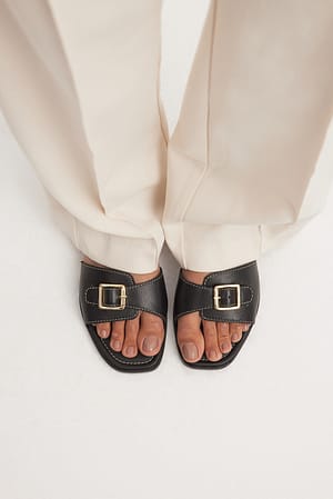 Black Leather Buckle Slippers