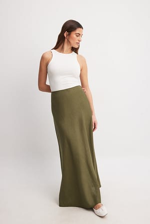 Olive Green Linen A-line Midi Skirt