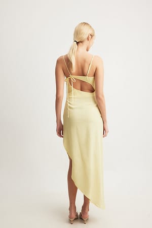 Yellow Linen Blend Asymmetric Open Back Midi Dress
