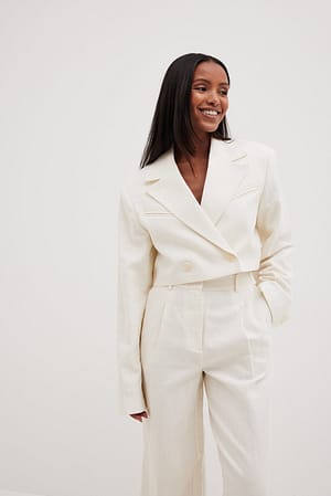 Linen Blend Cropped Oversized Blazer Offwhite | NA-KD