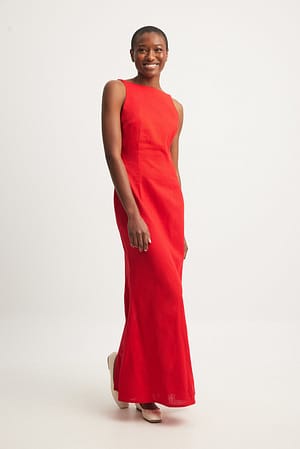Red Linen Blend Open Back Maxi Dress