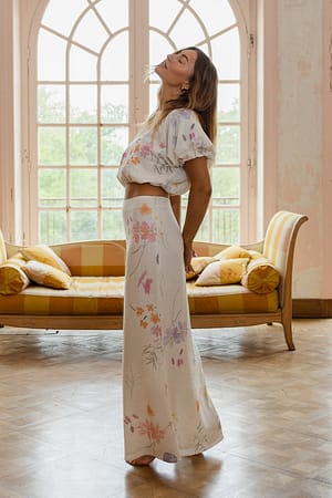 Flower Print Linen Look Maxi Skirt