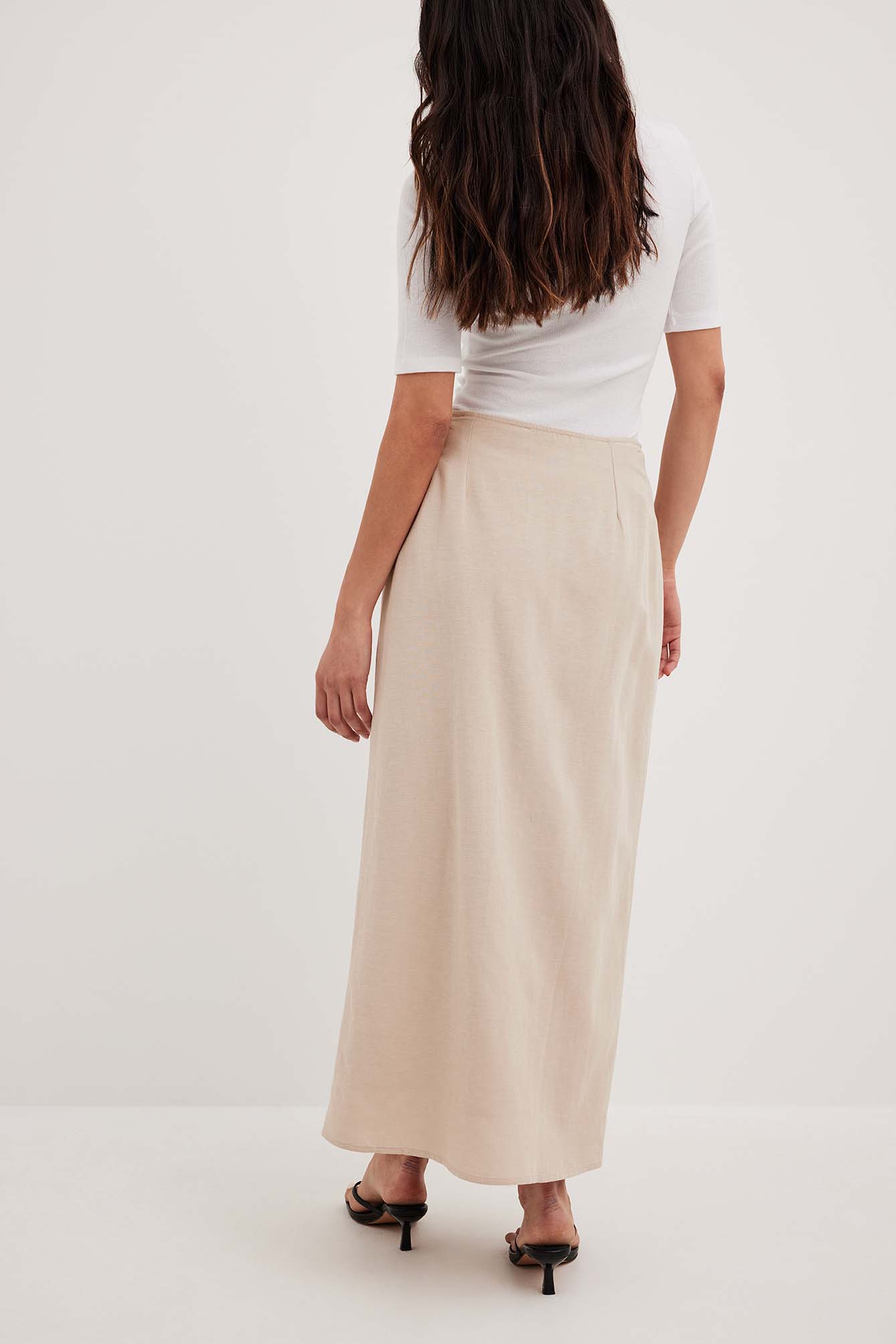 Linen Mix Slit Detail Midi Skirt Beige | NA-KD