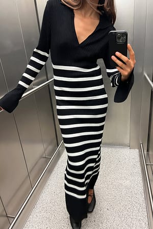 Black/White Stripe Striped Rib Knitted Trumpet Sleeve Dress